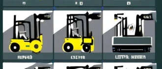 Illustration of various грузоподъемная техника, used in small and medium enterprises, such as forklifts, cranes, and lifting platforms.