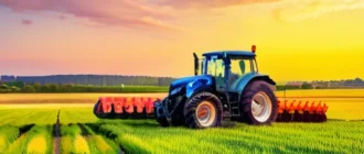 Modern agricultural machinery with digital monitoring systems performing maintenance in a large field