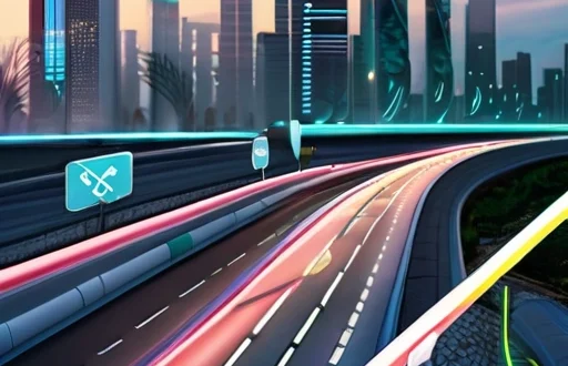 Футуристическая дорожная инфраструктура с беспилотными электромобилями, умными дорожными сенсорами и цифровыми знаками на фоне современного города.