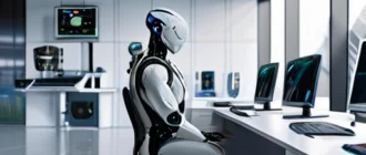 Современная автоматизированная рабочая среда с роботами и специалистами в высокотехнологичной индустрии