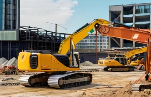 Construction site with a fleet of rented heavy machinery and construction workers