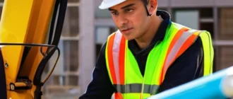 Operator managing heavy machinery with safety gear in a construction zone