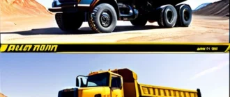 Comparison diagram of diesel and electric dump trucks in industrial environment