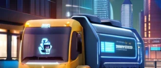Futuristic smart garbage truck with IoT sensors and autonomous systems operating in a modern city