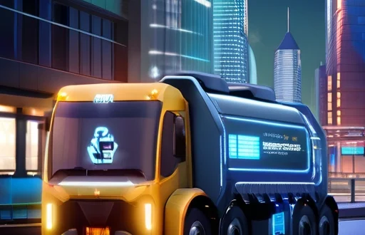 Futuristic smart garbage truck with IoT sensors and autonomous systems operating in a modern city