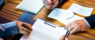 Специалисты обсуждают документы аренды в современном офисе