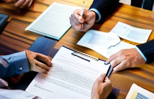 Специалисты обсуждают документы аренды в современном офисе