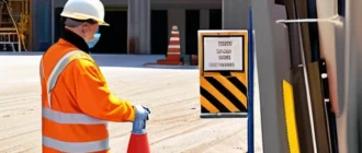 Оператор крупной техники в средствах индивидуальной защиты проводит предрейсовый осмотр на строительной площадке, вокруг современное оборудование и системы мониторинга.