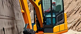 Мини-экскаватор в ходе земляных работ на строительной площадке
