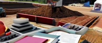 Documents and heavy machinery at a construction site, illustrating the process of rental registration.