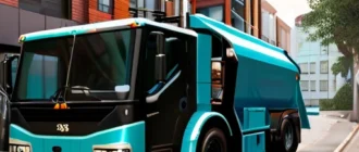 Современный мусоровоз с автоматической системой сортировки отходов, оснащенный оптическими и RFID датчиками, движущийся по городским улицам